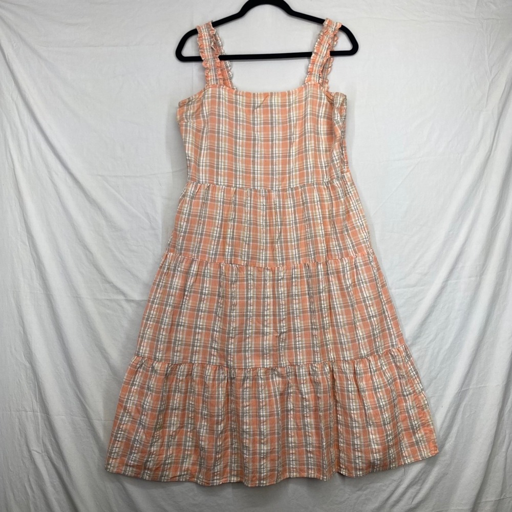 Madison Grey Womens Orange Plaid Tiered Midi Dress Ruffle Strap Cotton Smocked